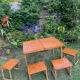 Old suitcase, table and stools, vintage wooden picnic