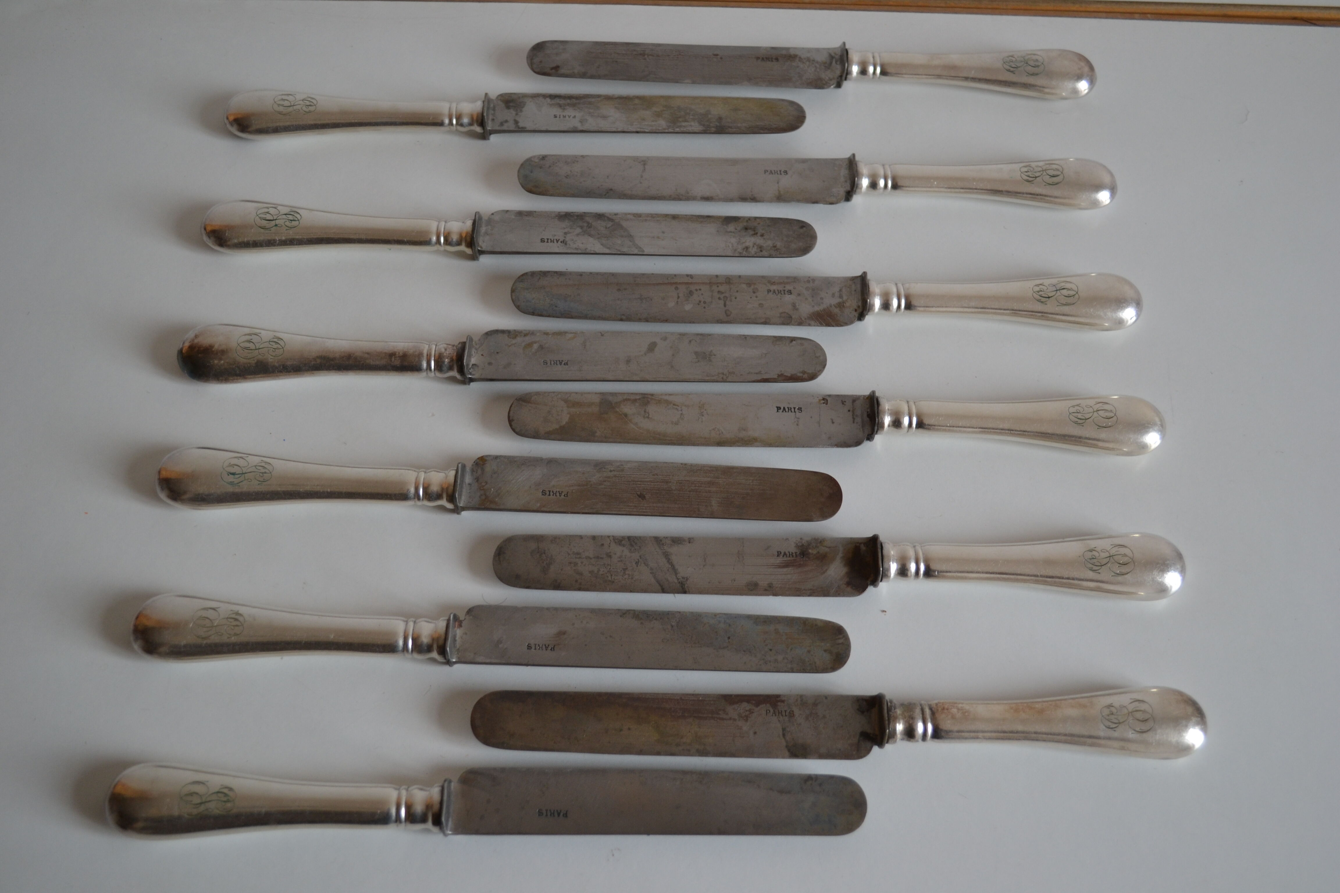 12 antique metal silver monogram table knives