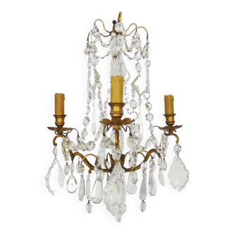 Ancien lustre, suspension, luminaire Marie Thérèse à 3 feux à pampilles en verre. Années 60