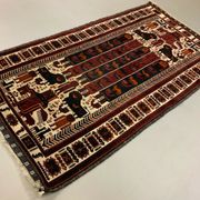 Vintage Tribal Lion Rug 204x110 cm, Old Tribal Wool Carpet, Black, Red Cream