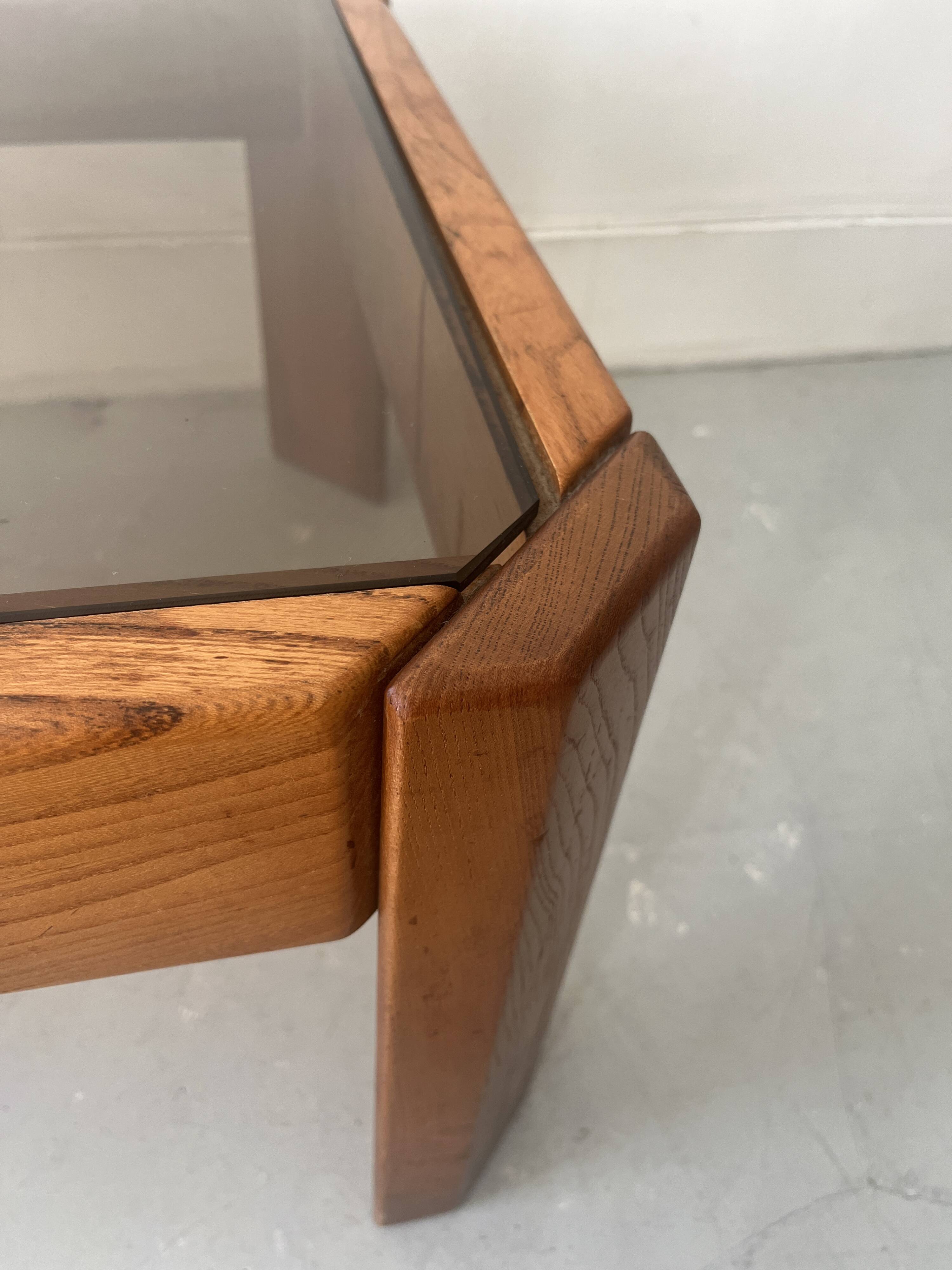 Vintage coffee table in elm and smoked glass, Maison Regain 1970