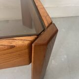 Vintage coffee table in elm and smoked glass, Maison Regain 1970