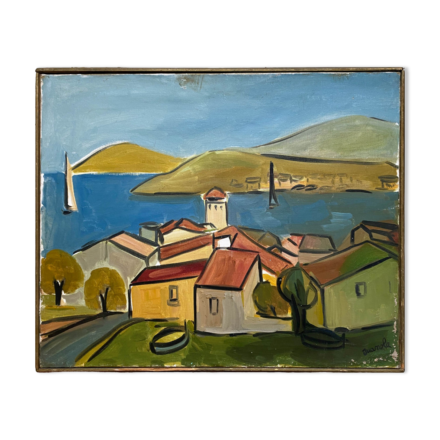 Painting "Village by the sea" made in oil on canvas signed Juanola