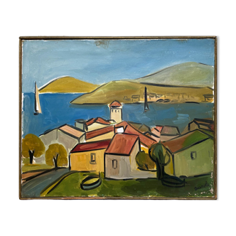 Painting "Village by the sea" made in oil on canvas signed Juanola