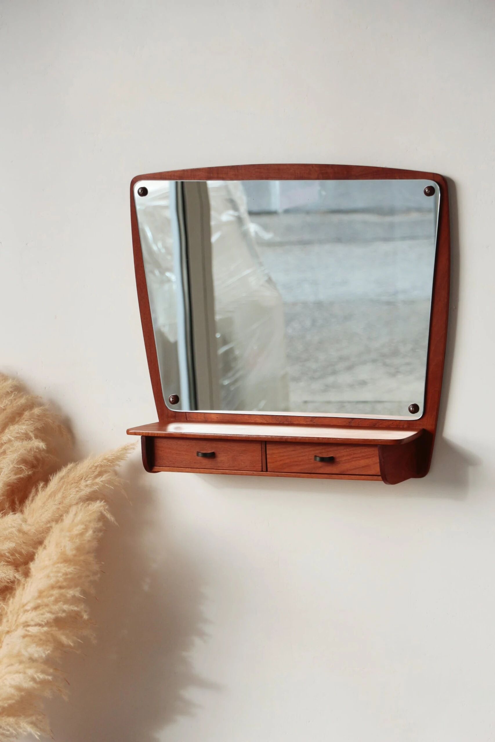 Scandinavian wall mirror in teak with drawers – mid-century Danish design