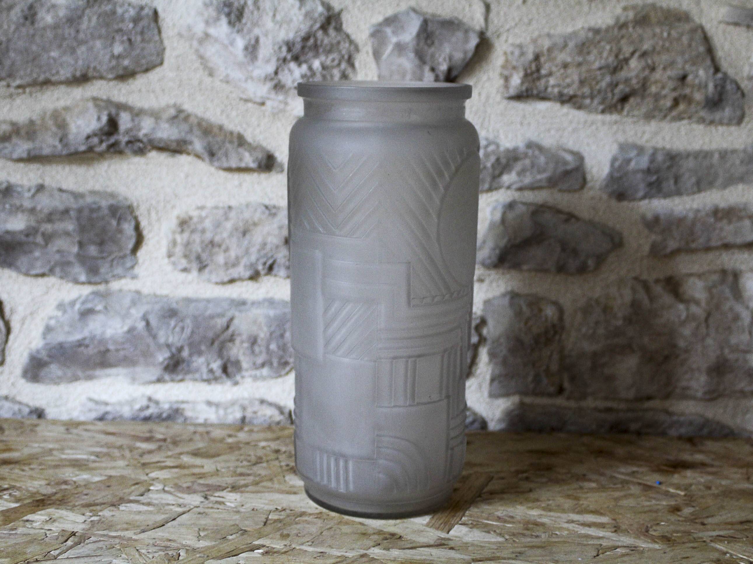 Molded pressed glass vase with geometric decoration Verrerie Legras