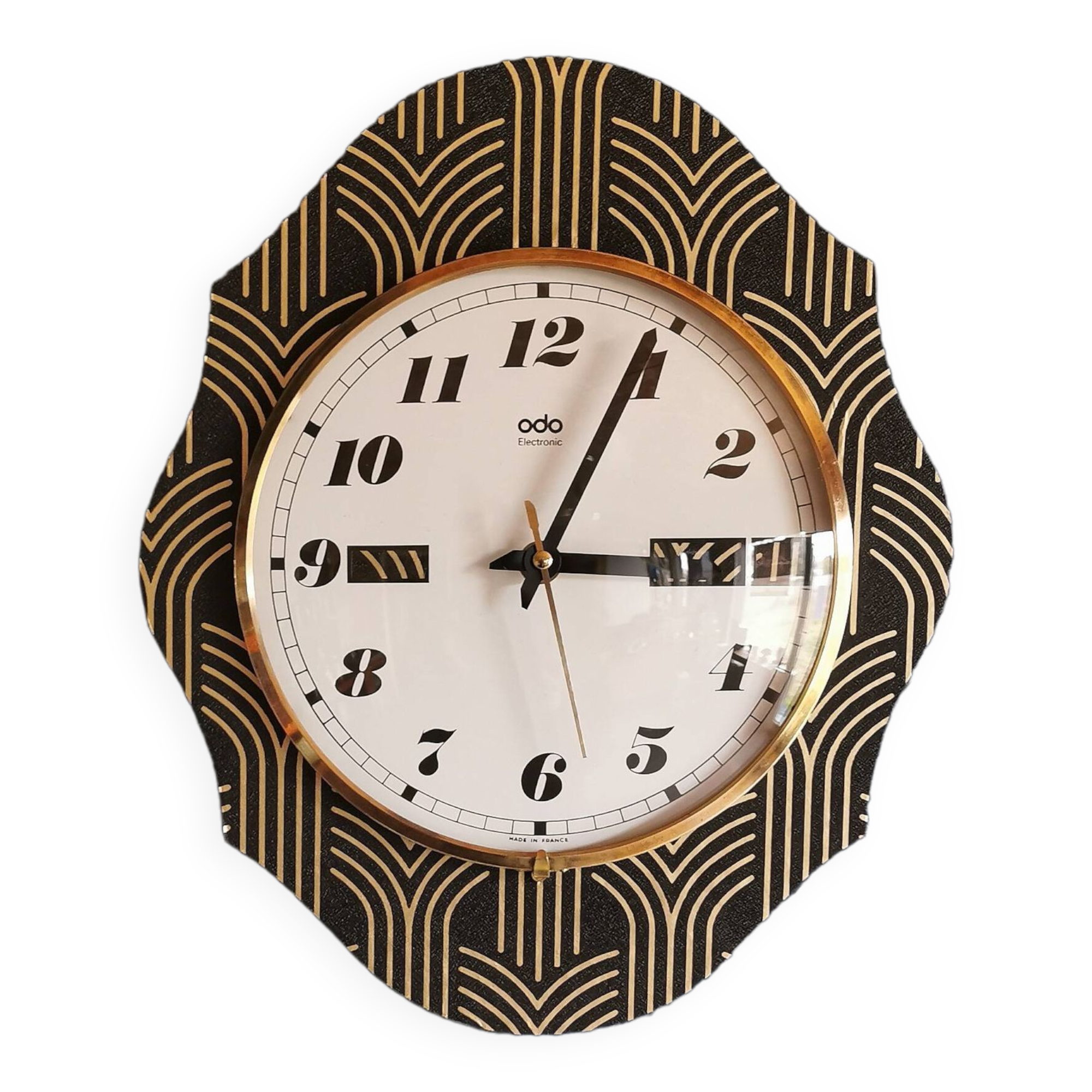 Vintage formica clock silent wall pendulum "Odo black gold"