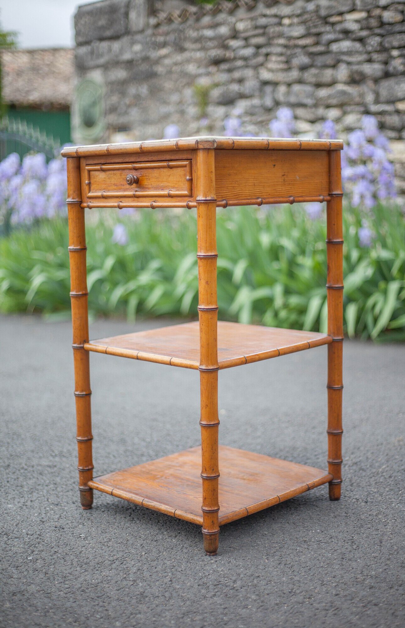 Bedside table wood imitation bamboo and marble colonial style, pedestal table, furniture 1 old drawer