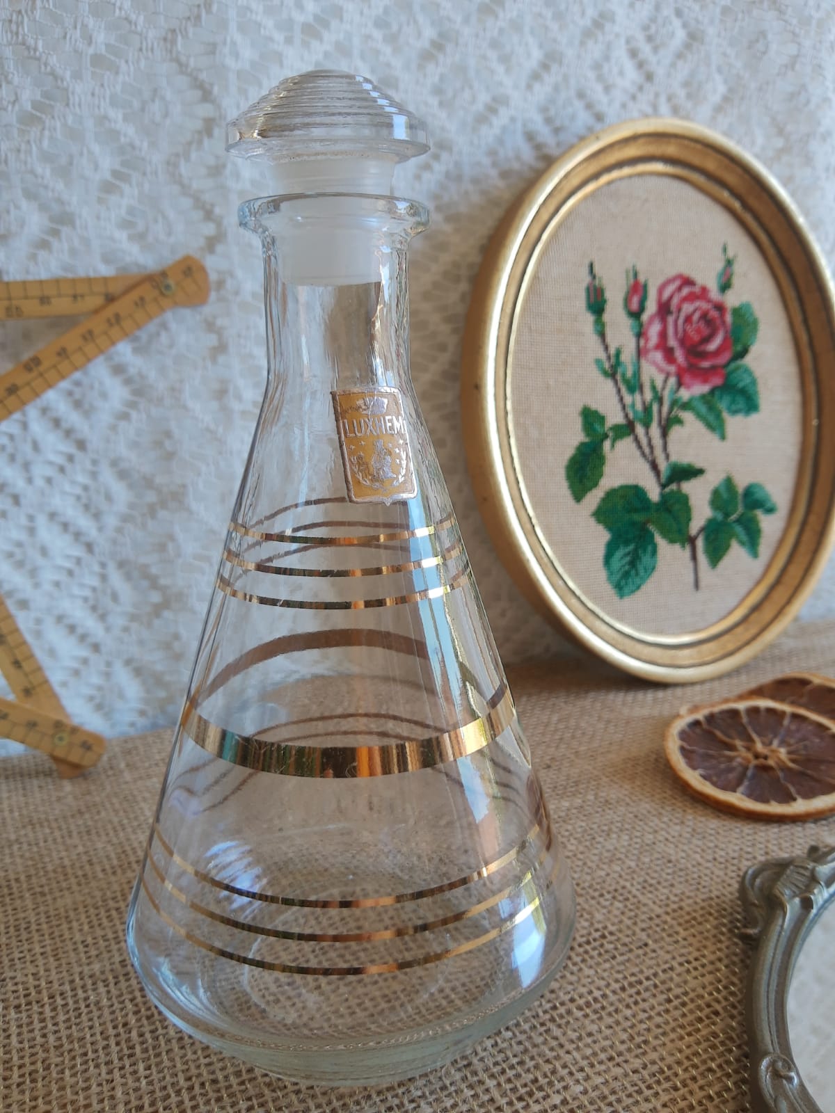 Luxhem glass carafe with vintage gold trim