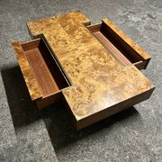 designer coffee table in elm burl with integrated drawers, Roche Bobois 1970