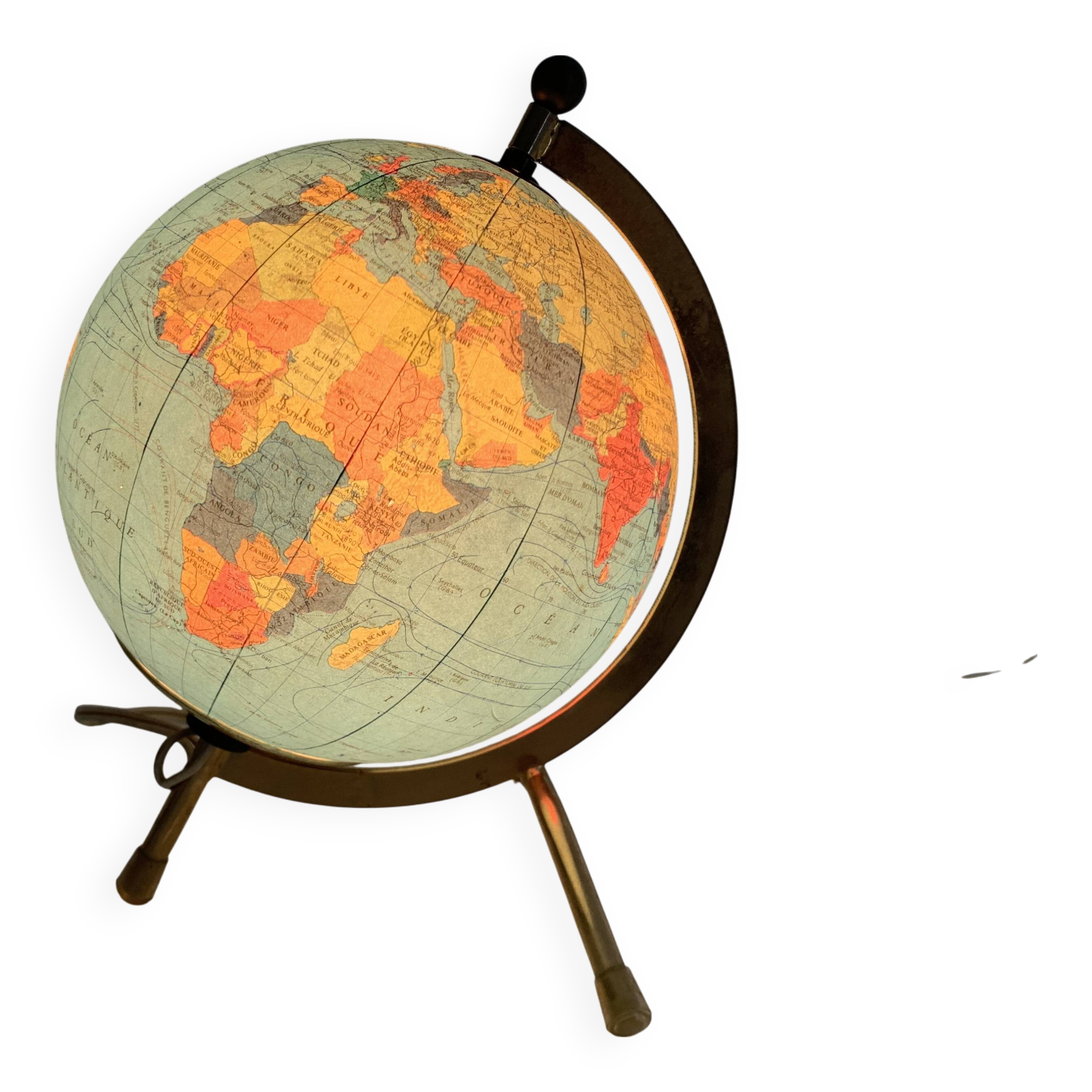 Globe vintage 1970 terrestre Taride tripode doré verre mappemonde - 23 cm