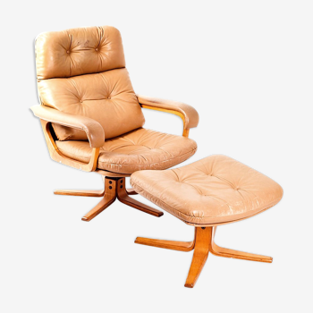 Brown leather armchair & ottoman, 1970