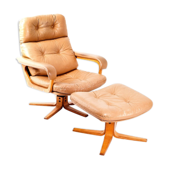 Fauteuil & ottoman en cuir, années 1970