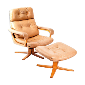 Brown leather armchair & ottoman, 1970
