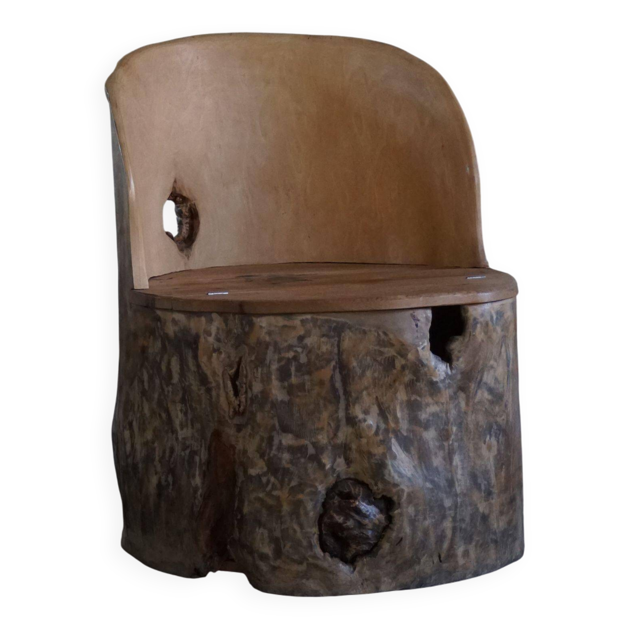 Sculptural Norwegian trunk chair in mid-century brutalist solid wood.