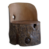 Sculptural Norwegian trunk chair in mid-century brutalist solid wood.