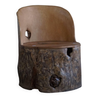 Sculptural Norwegian trunk chair in mid-century brutalist solid wood.