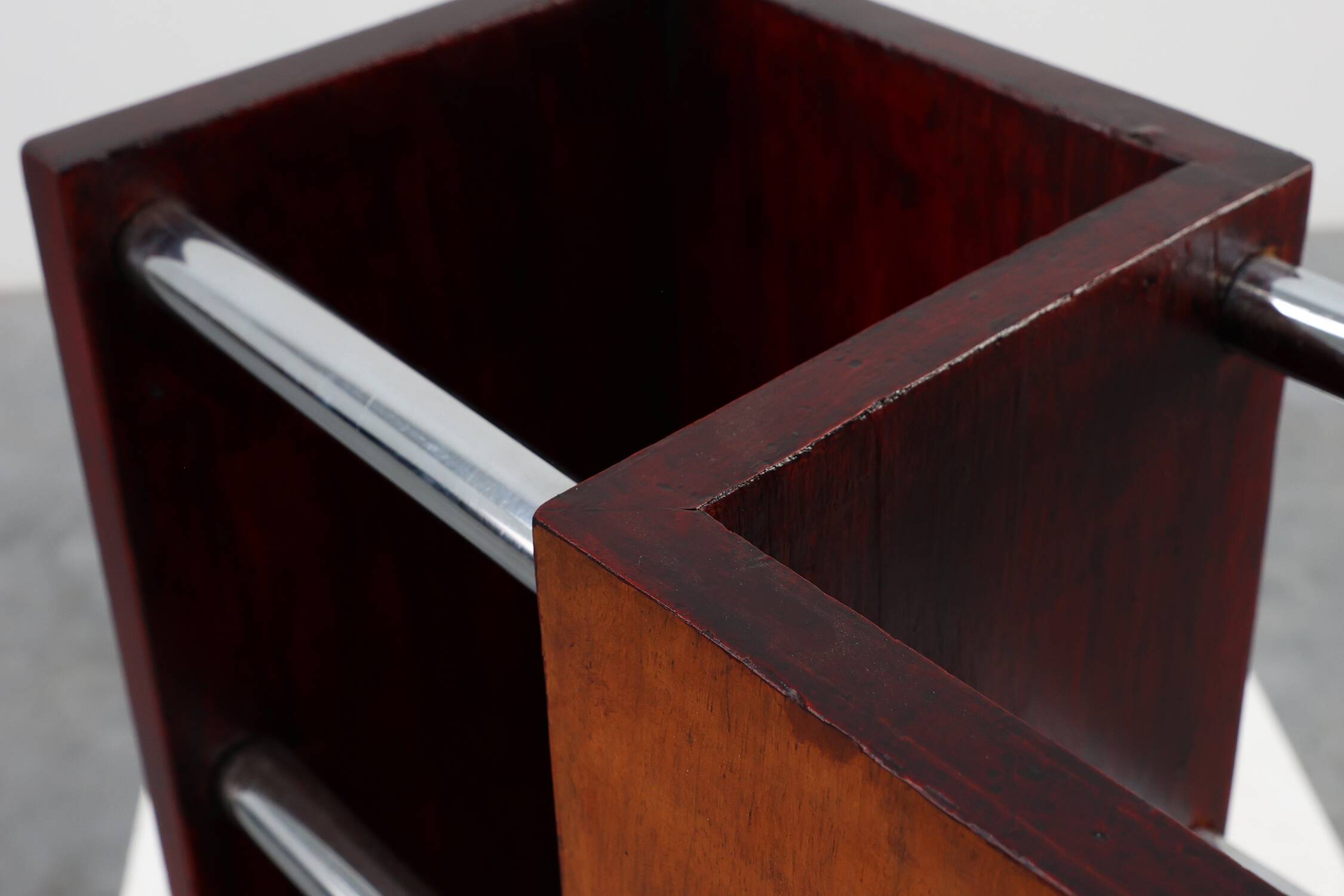 Early Art Deco umbrella stand in wood and metal, France ca. 1910
