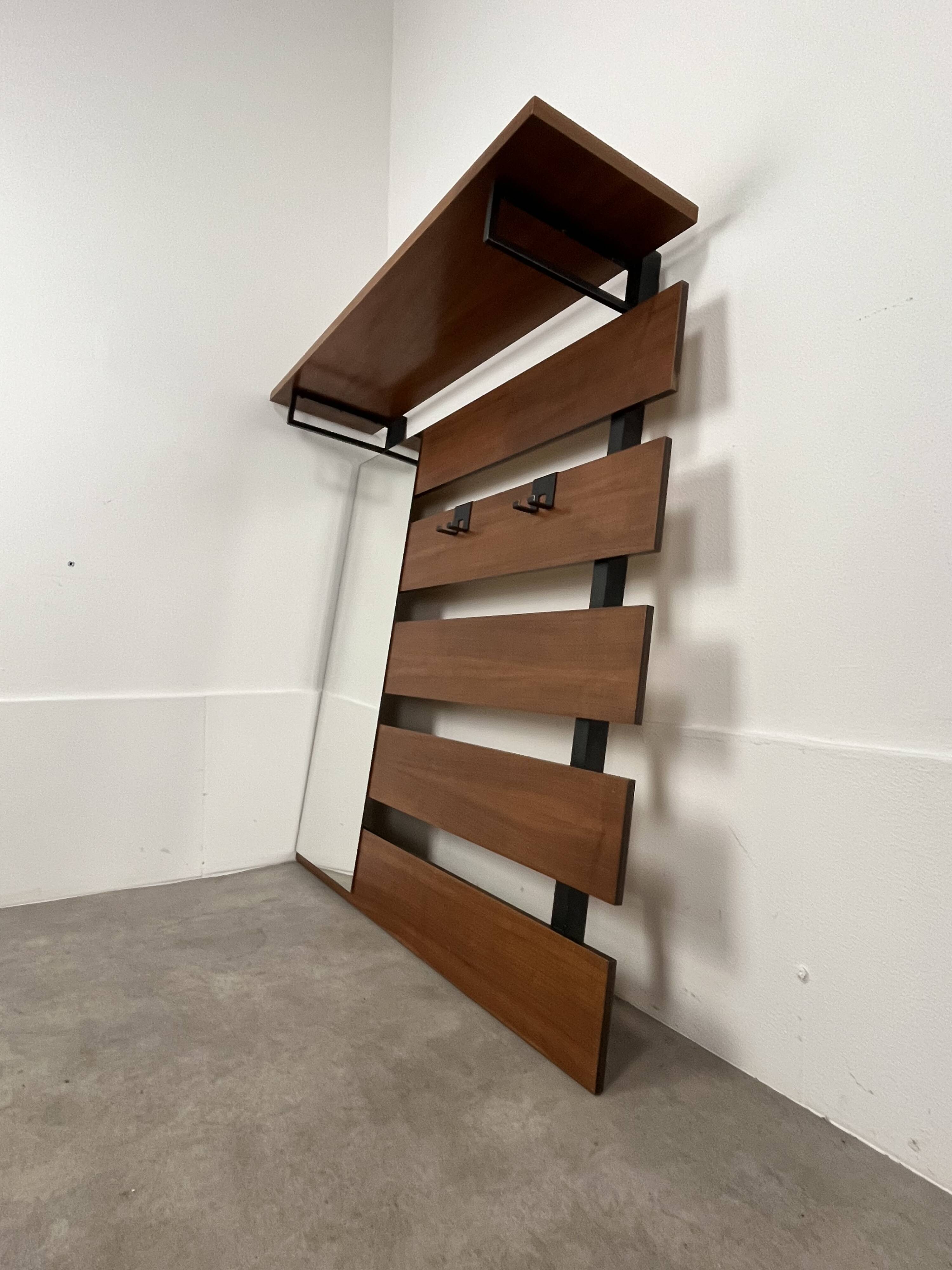 Teak wall coat rack and mirror, 60s, cloakroom