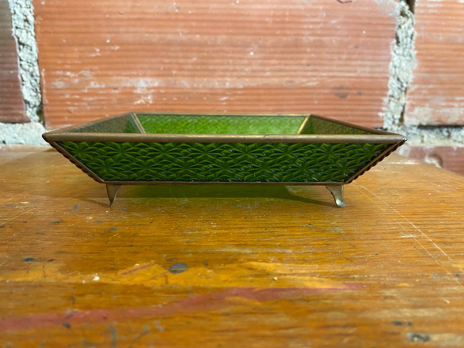 Bowl antique molded glass green + brass vintage