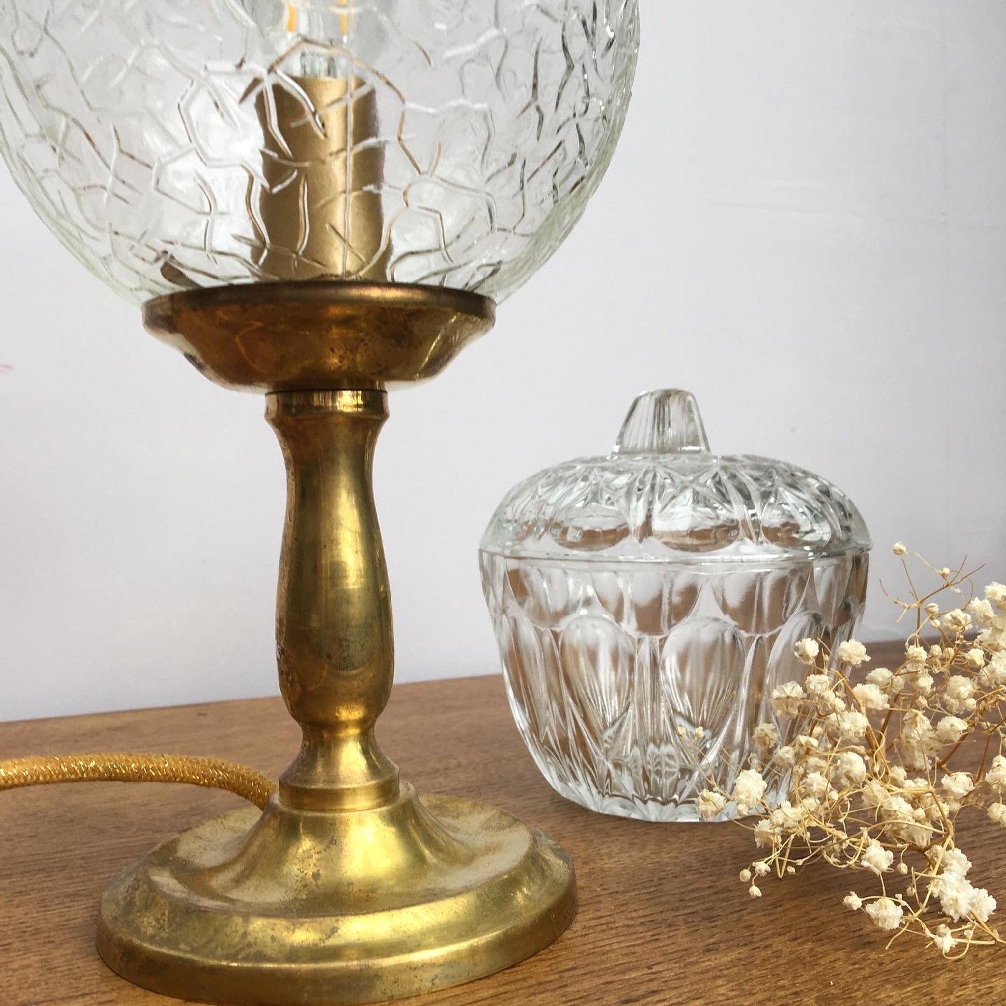 Vintage brass base lamp and glass globe cracked effect