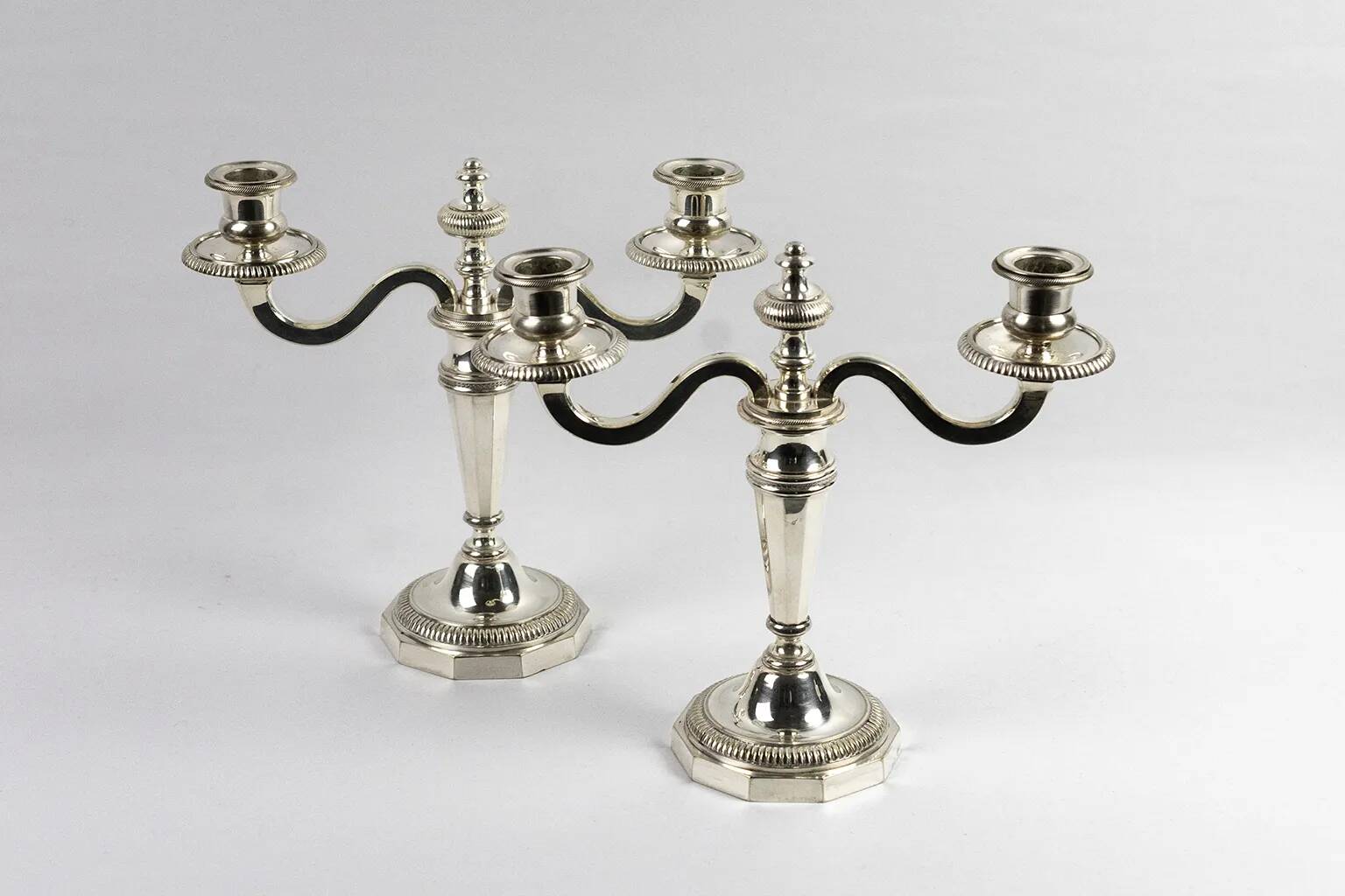 Pair of 2-light silver-plated candelabras – double moon hallmarks