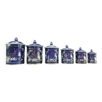 Series of 6 Lunéville spice pots kitchen royal blue ceramic with enamelled flowers