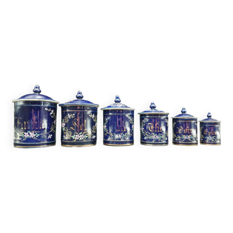Series of 6 spice pots lunéville cuisine royal blue ceramic with enamelled flowers