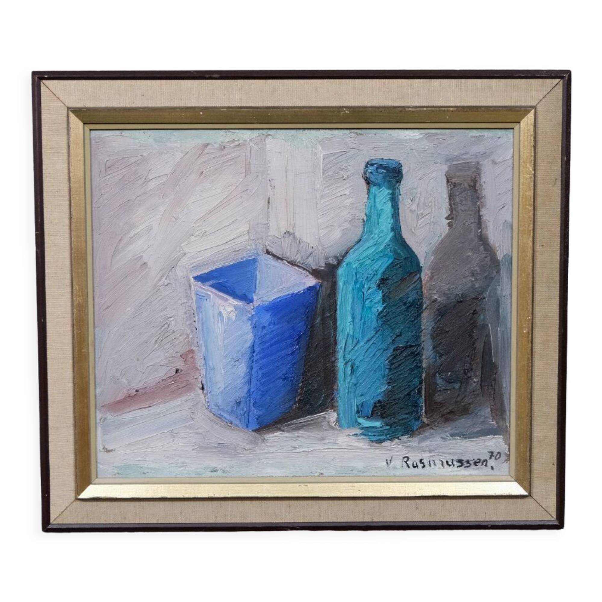 Nature morte scandinave à l’huile, Viktor Rasmussen (1922-2004), années 1970, huile sur toile