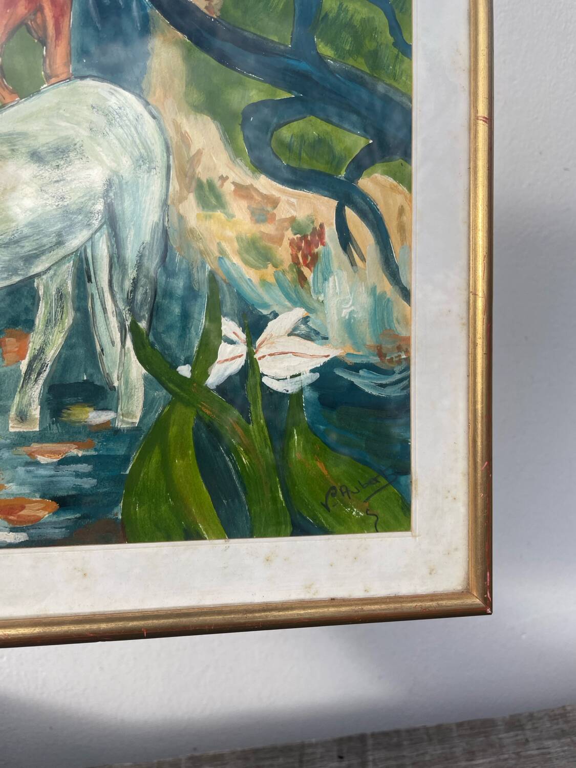 Gauguin style painting with gilded wooden frame