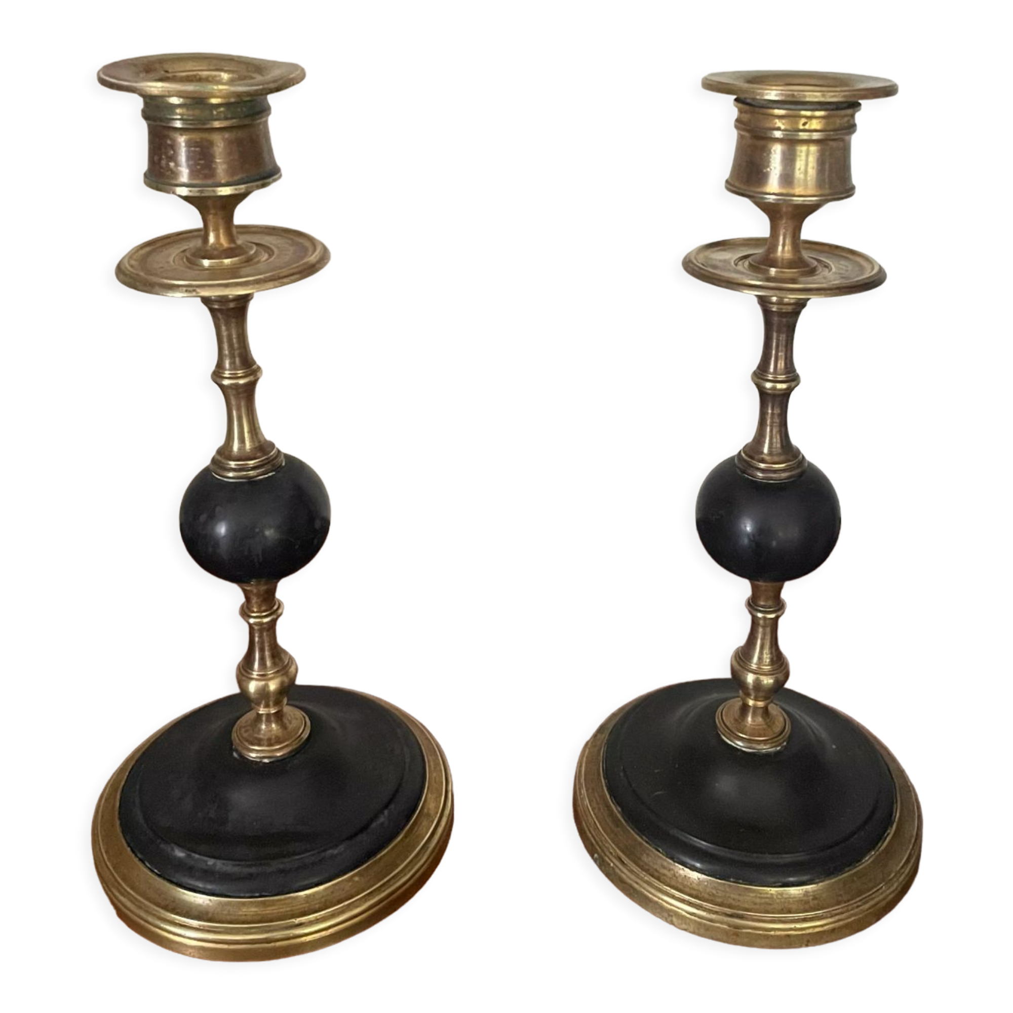 Ancienne paire de bougeoirs marbre noir et laiton XIXème