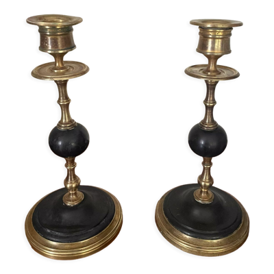 Ancienne paire de bougeoirs marbre noir et laiton XIXème
