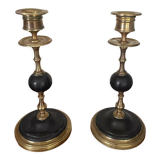 Old pair of candlesticks black marble and brass nineteenth