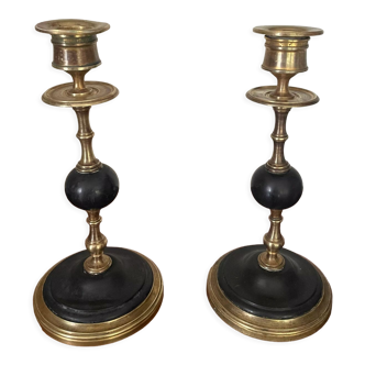 Old pair of candlesticks black marble and brass nineteenth