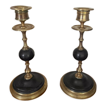 Old pair of candlesticks black marble and brass nineteenth