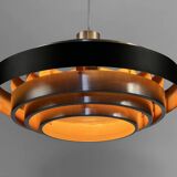 Multi layered "space age" pendant light in brushed aluminium with red light effect. Denmark 1960s