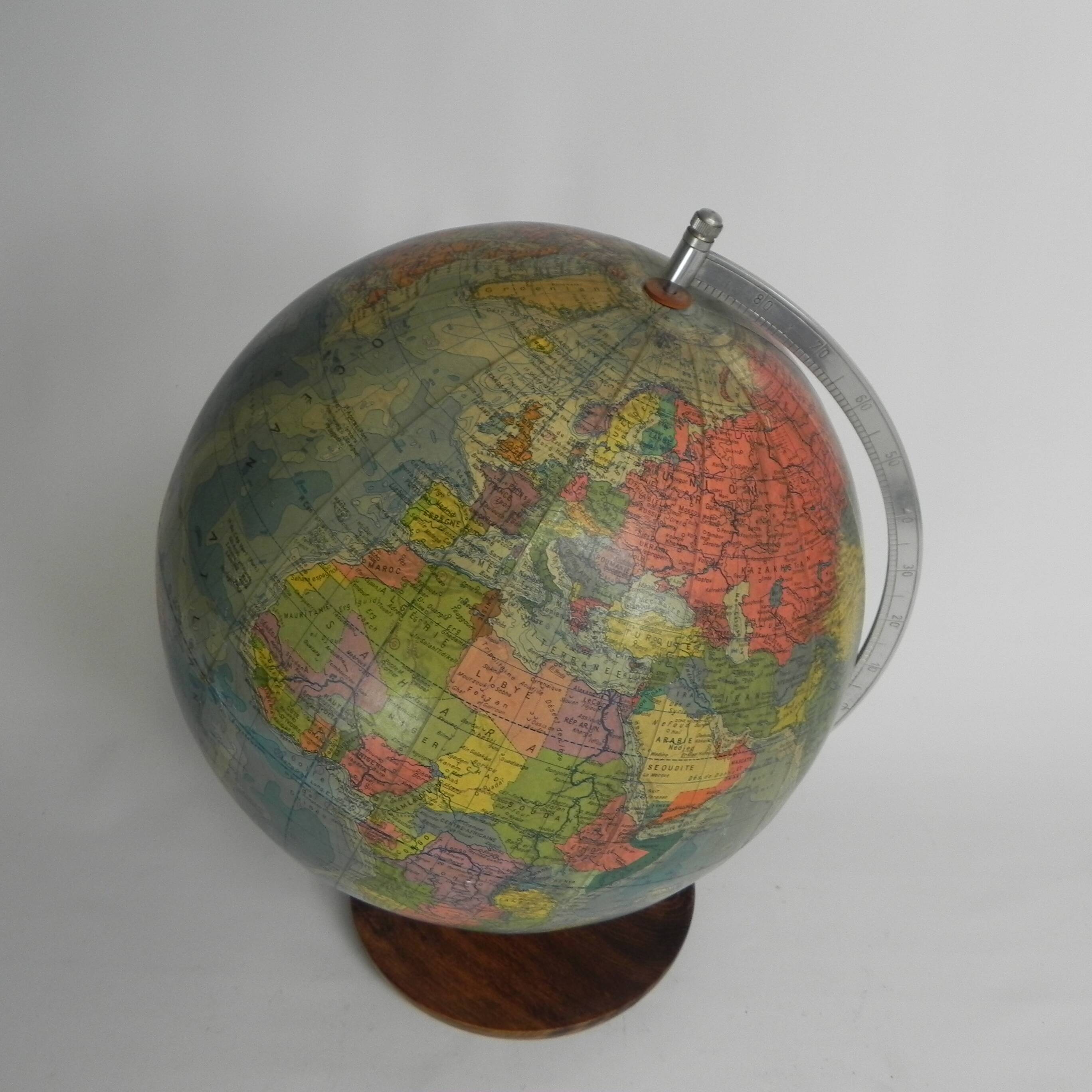 Paper mache globe on wooden base, 1960s