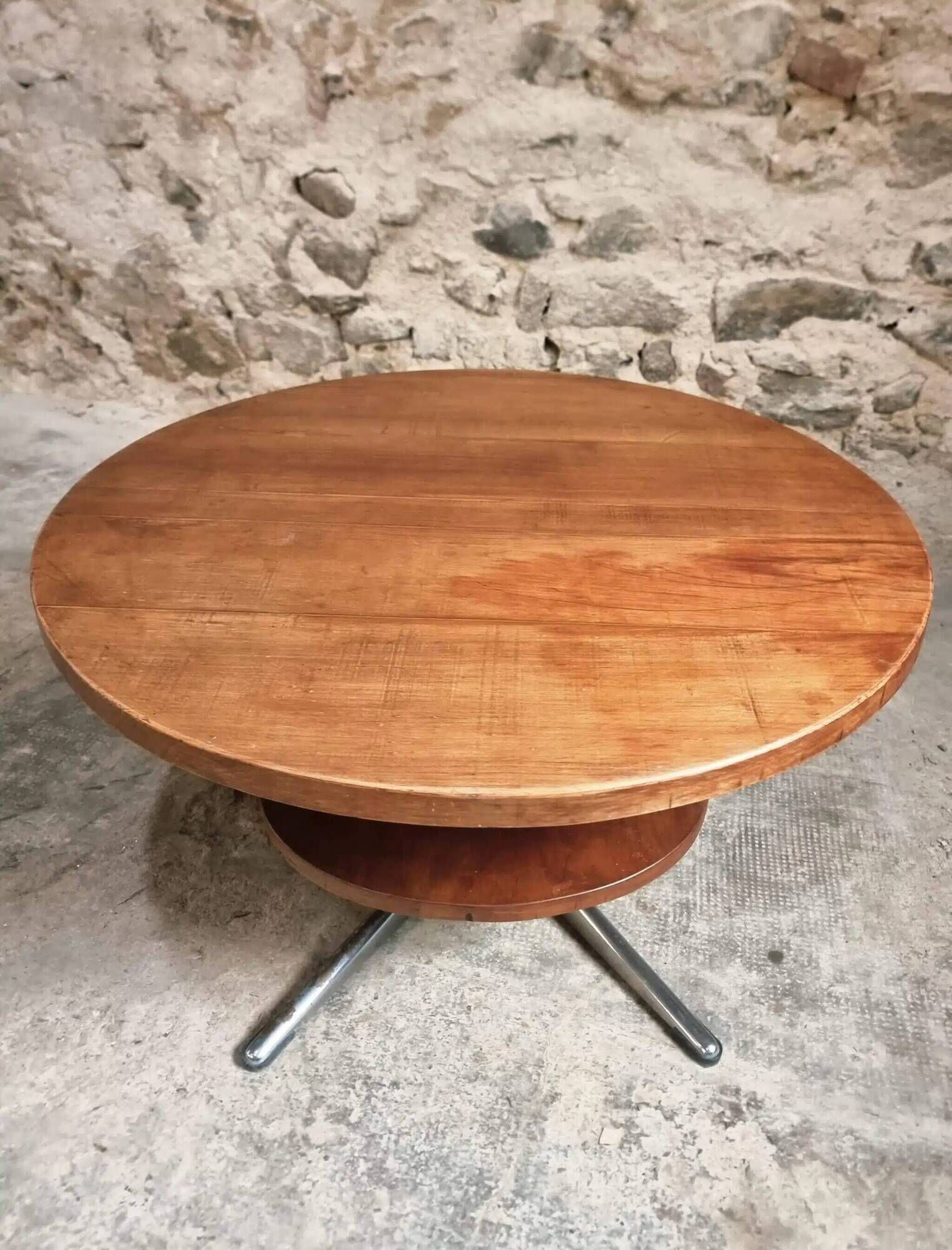 Vintage French Cherry Wood Coffee Table with Rotating Top - 1960s Round Shape on Iron Base Ø80cm