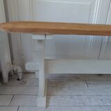 Vintage bench re-enchanted in pearl gray, wooden seat.