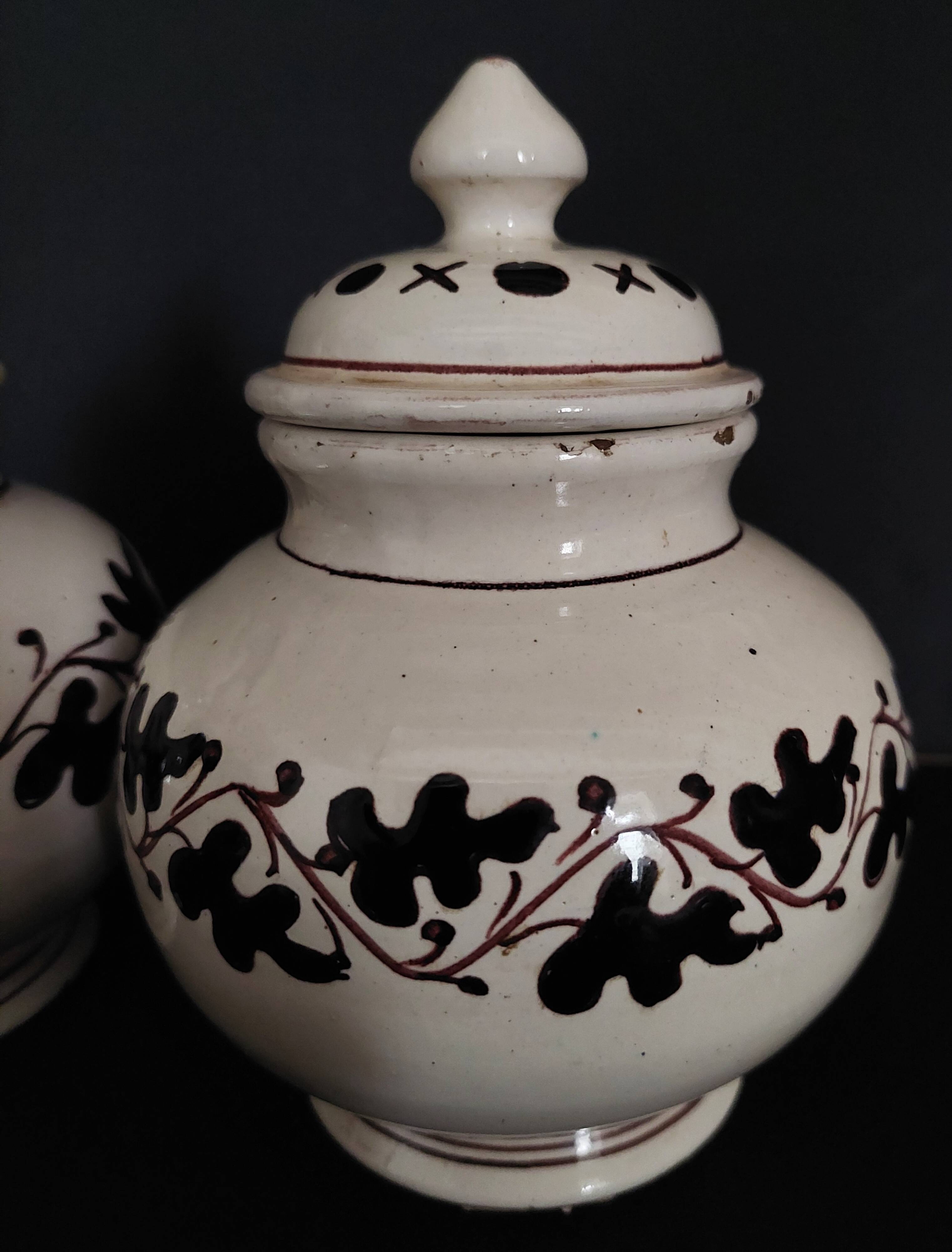 Pair of covered earthenware pots Italy Castelli 18th century