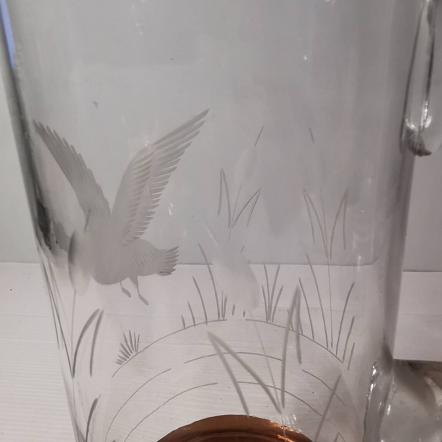 Vintage Engraved Glass & Crystal Pitcher with Duck and Reeds, Gilding