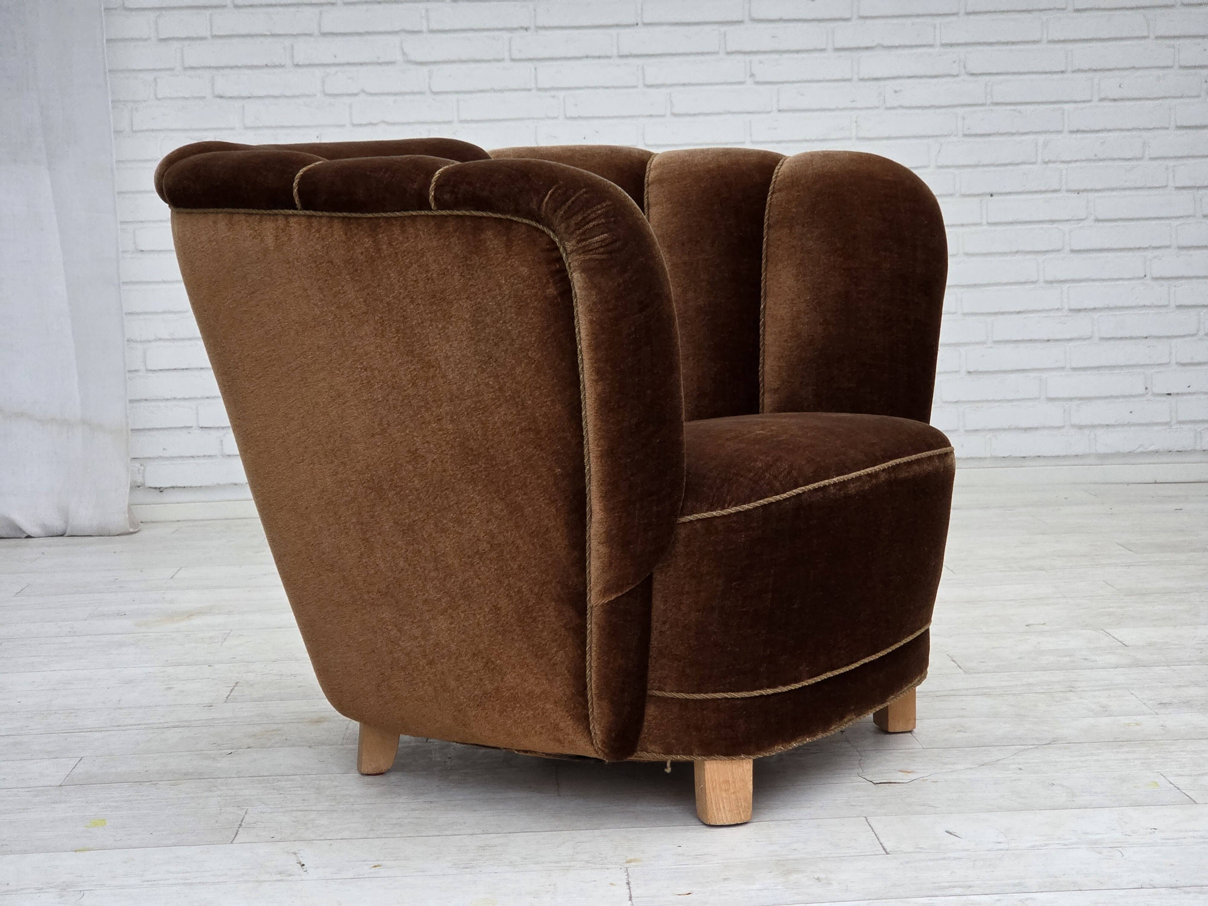 1960s, Danish curved chair, brown furniture velour.