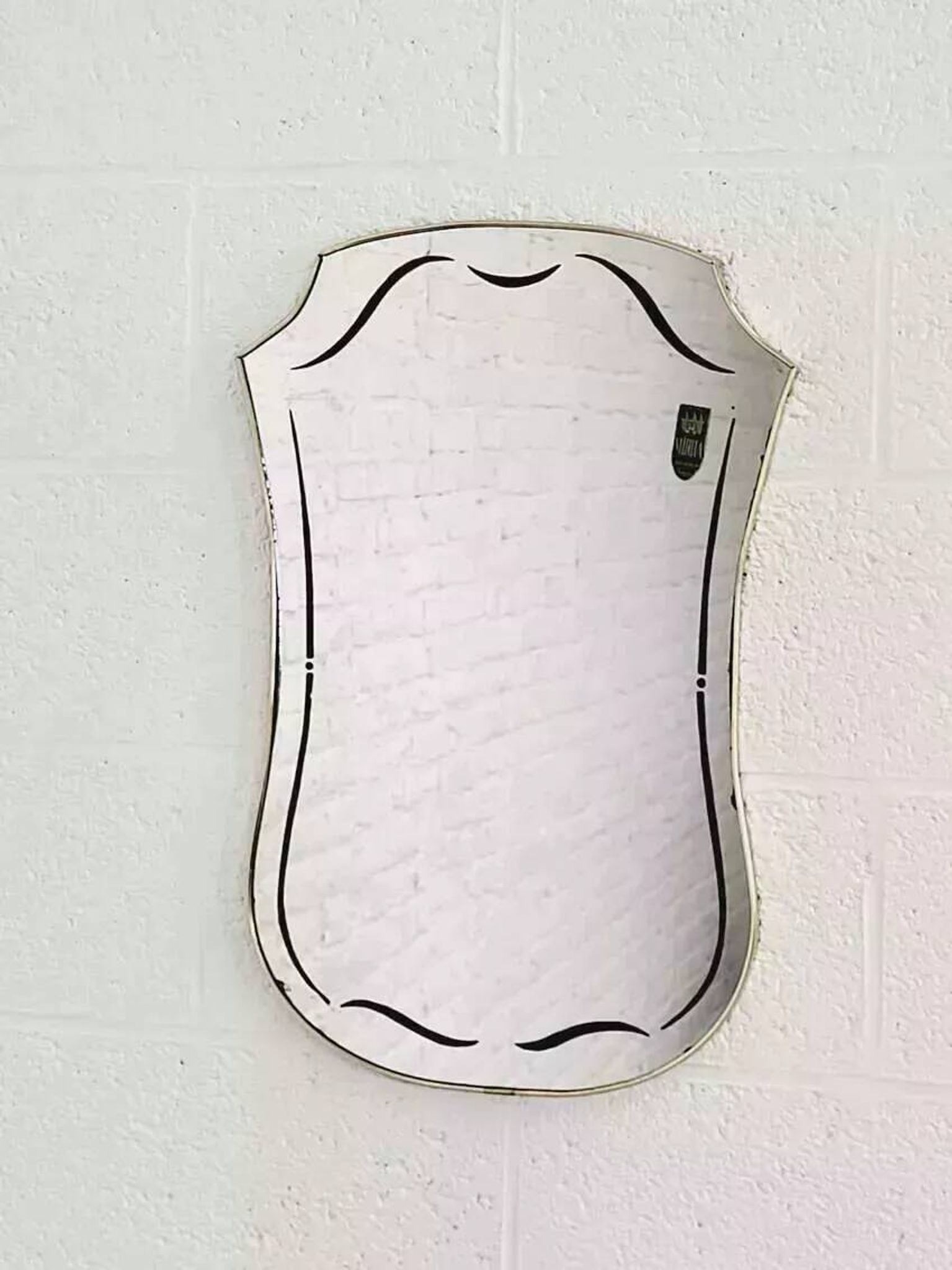 Free-form 60s screen-printed rearview mirror on gold frame