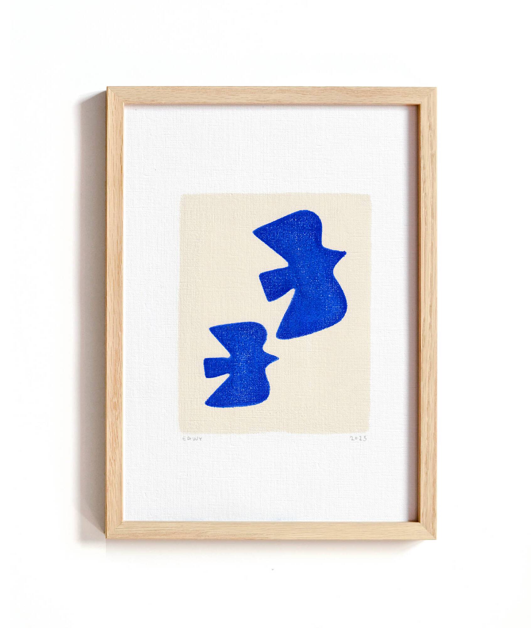 Peinture sur papier oiseaux bleus signée eawy