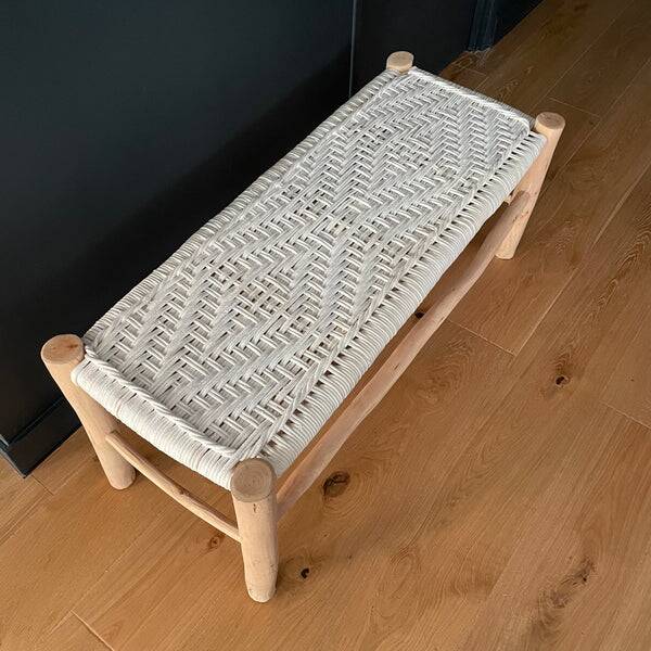 Handcrafted bench in woven raw wood and ecru cotton