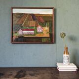 Mid-Century Modern "The Working Farm" Vintage Naïve Style Landscape Oil Painting, Framed