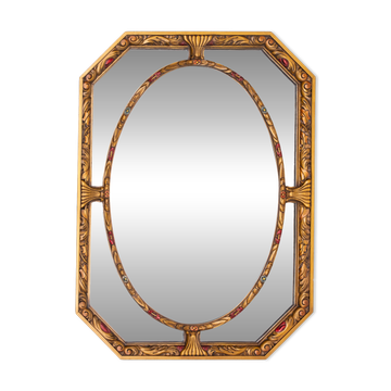 Art Deco octagonal hand carved wooden mirror, France ca. 1920