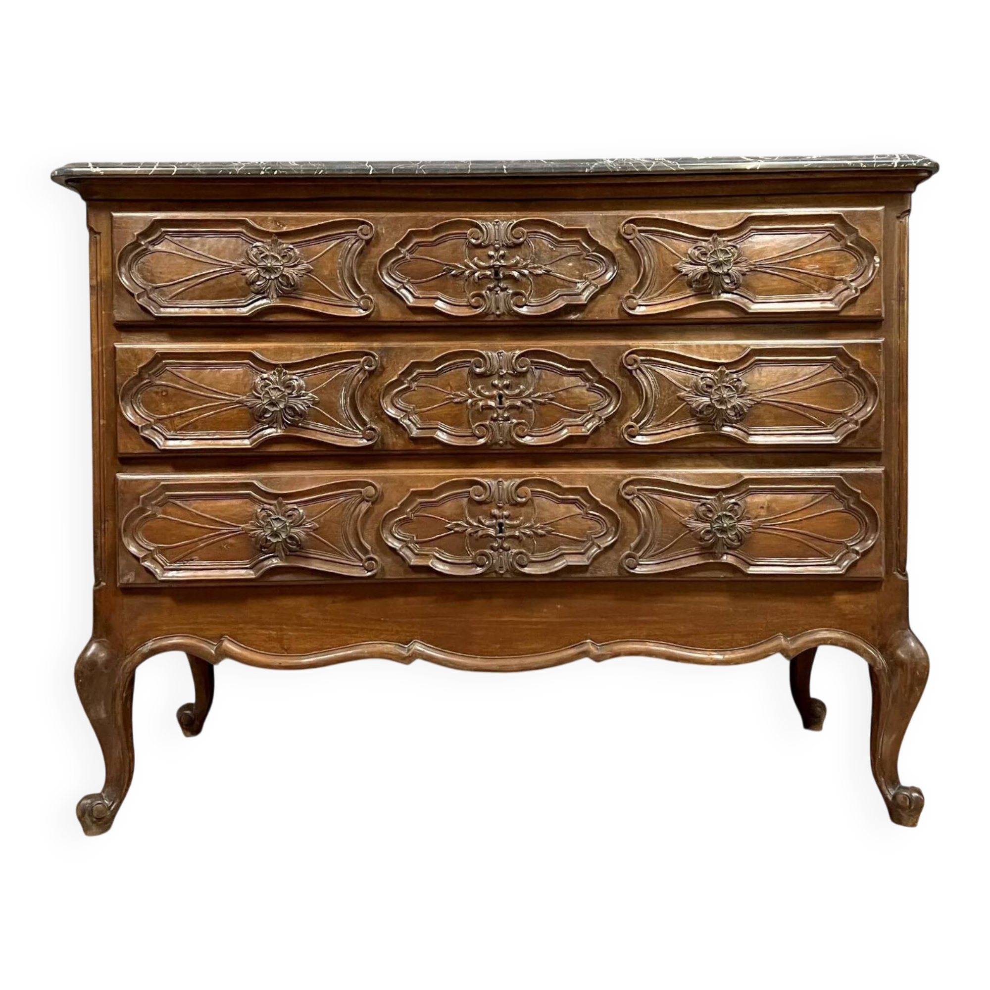 Commode Louis XV Baroque en noyer massif vers 1850-1880