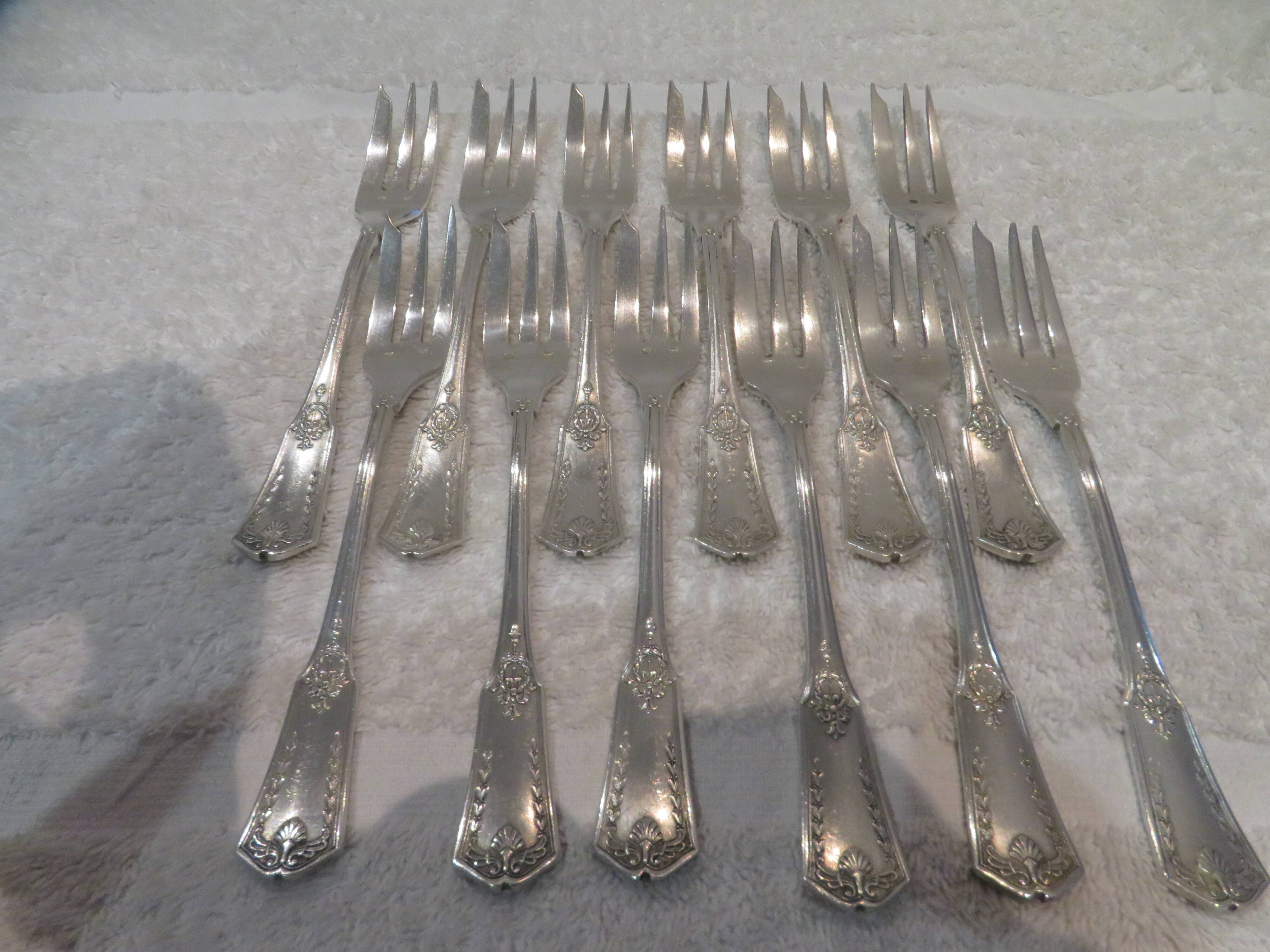 12 silver plated cake forks, goldsmith sfam, empire style