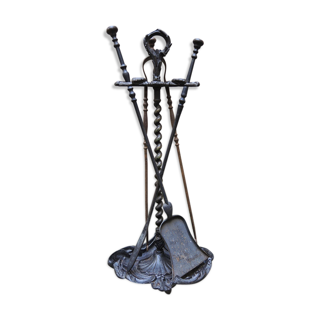 Ancien Serviteur De Cheminée En Fer Forgé - Lot De 4 Accessoires